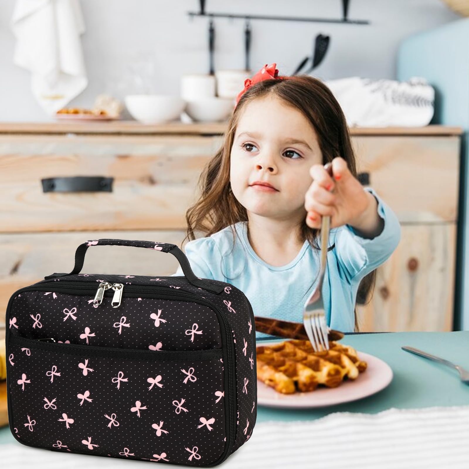 LEDAOU kids square-shaped lunch bag adds cute bow style for kids.