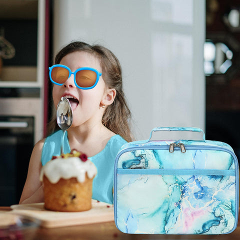 LEDAOU Marble Blue lunch bag features a comfortable handle for easy daily carry.