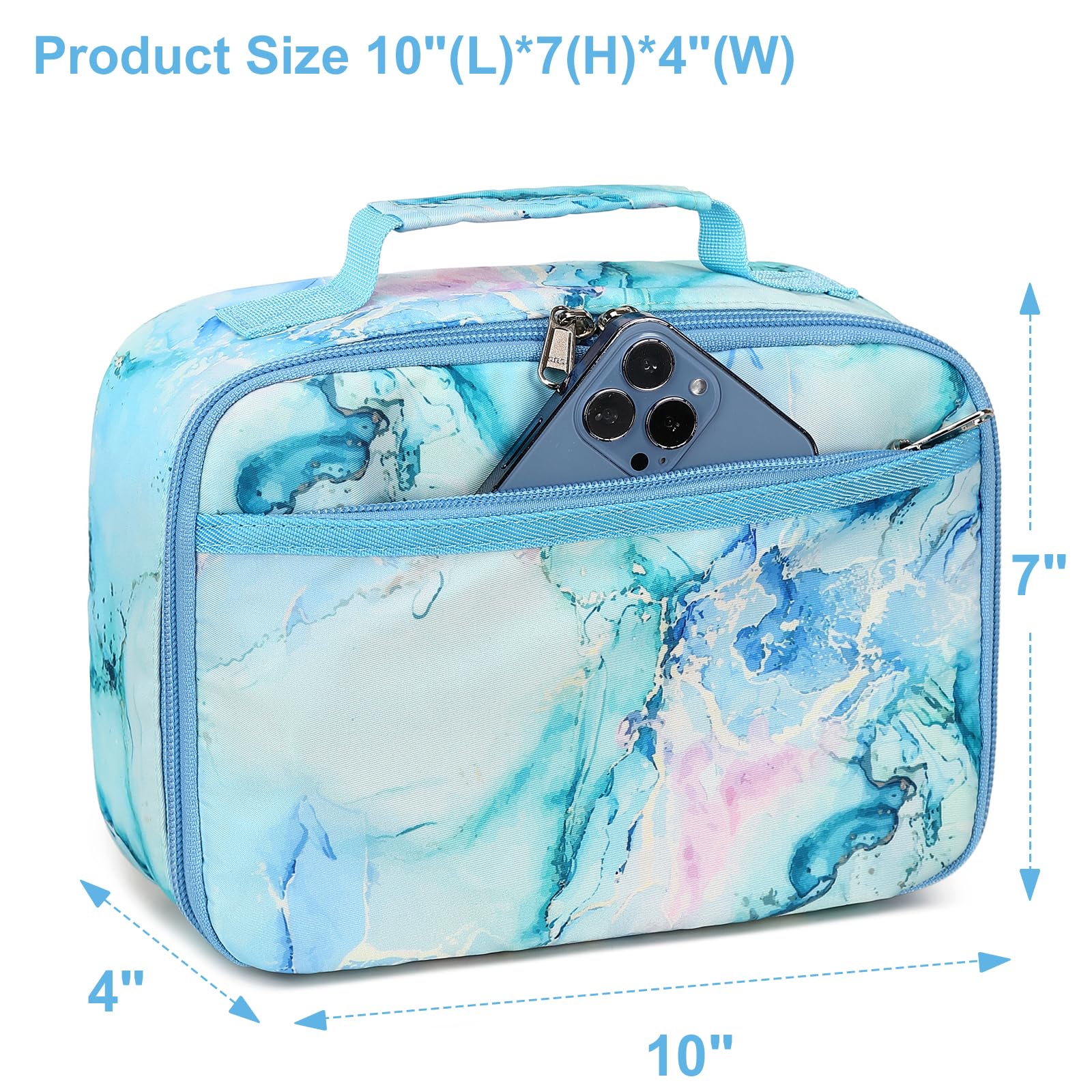 LEDAOU Marble Blue lunch bag folds flat for quick storage after use.