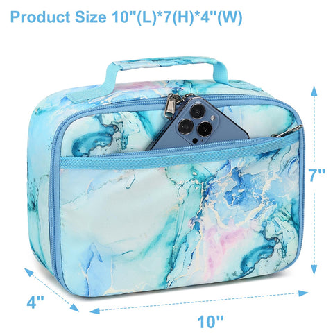 LEDAOU Marble Blue lunch bag folds flat for quick storage after use.
