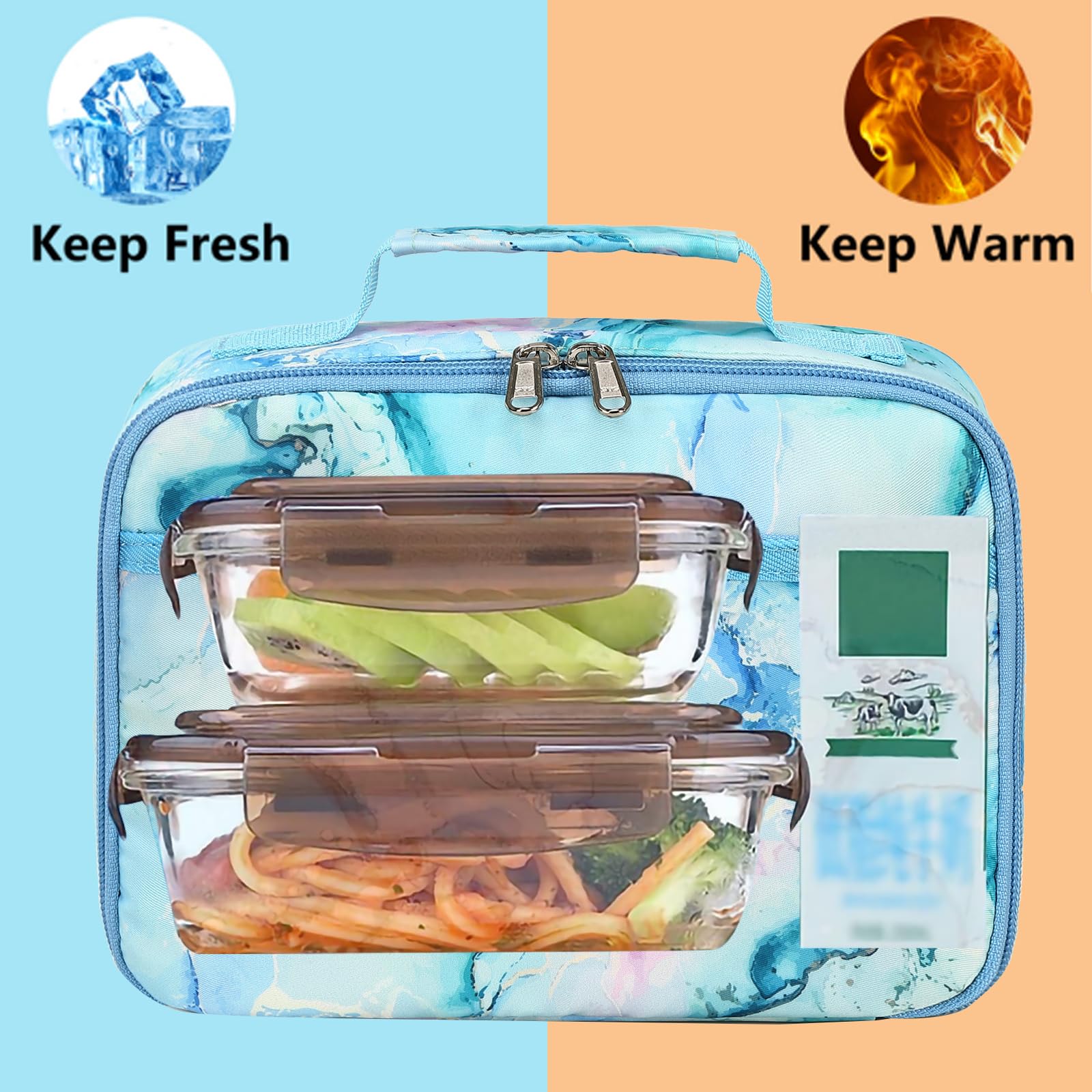 LEDAOU Marble Blue lunch bag with thick insulation preserves freshness for meals.