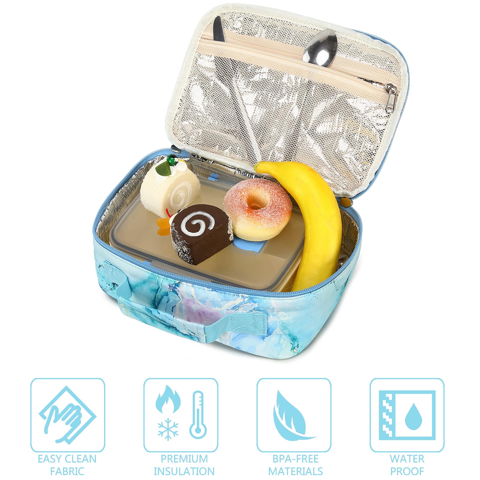 LEDAOU Marble Blue lunch bag is versatile for school, picnics, and casual adventures.
