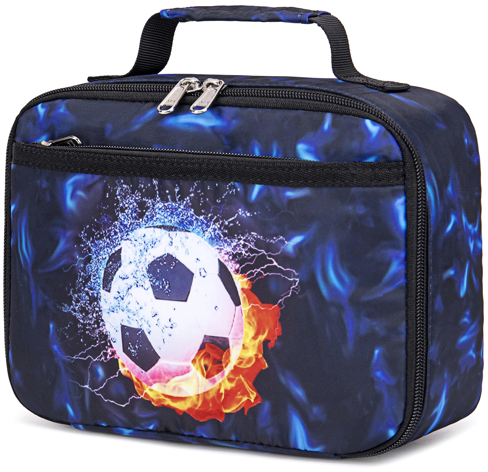 LEDAOU soccer blue lunch box front view with durable handle for school use
