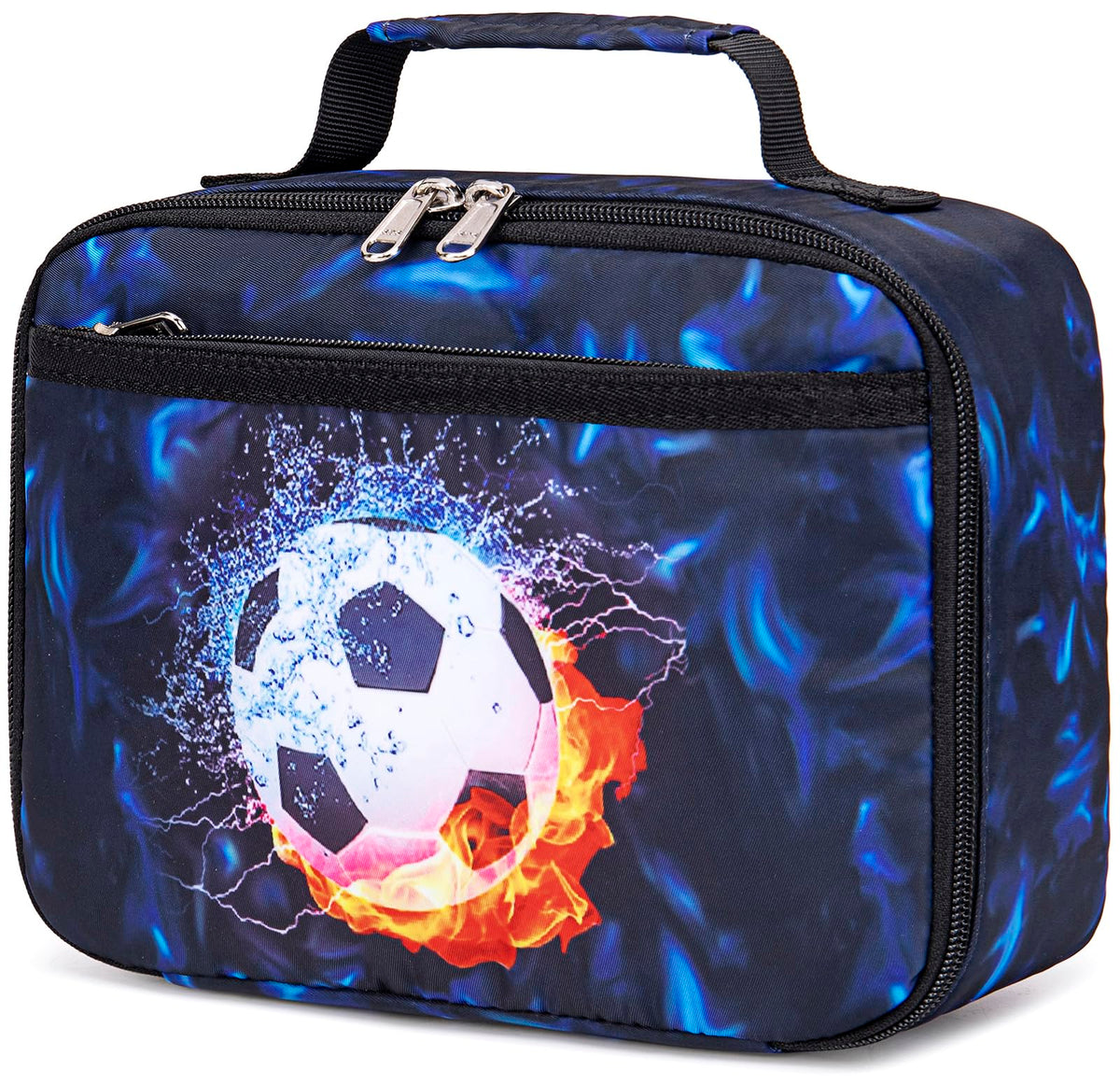 LEDAOU soccer blue lunch box front view with durable handle for school use