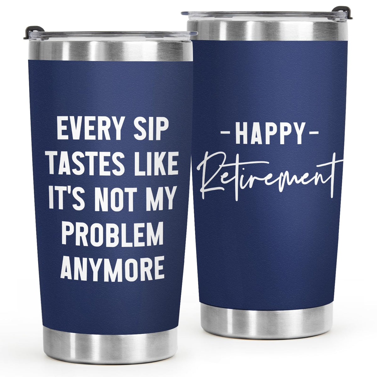 Leebbsin retirement tumbler with lid, durable stainless steel and spill-resistant seal.