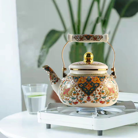 Leebright boho kitchen scene with kettle on stove for daily tea or coffee moments