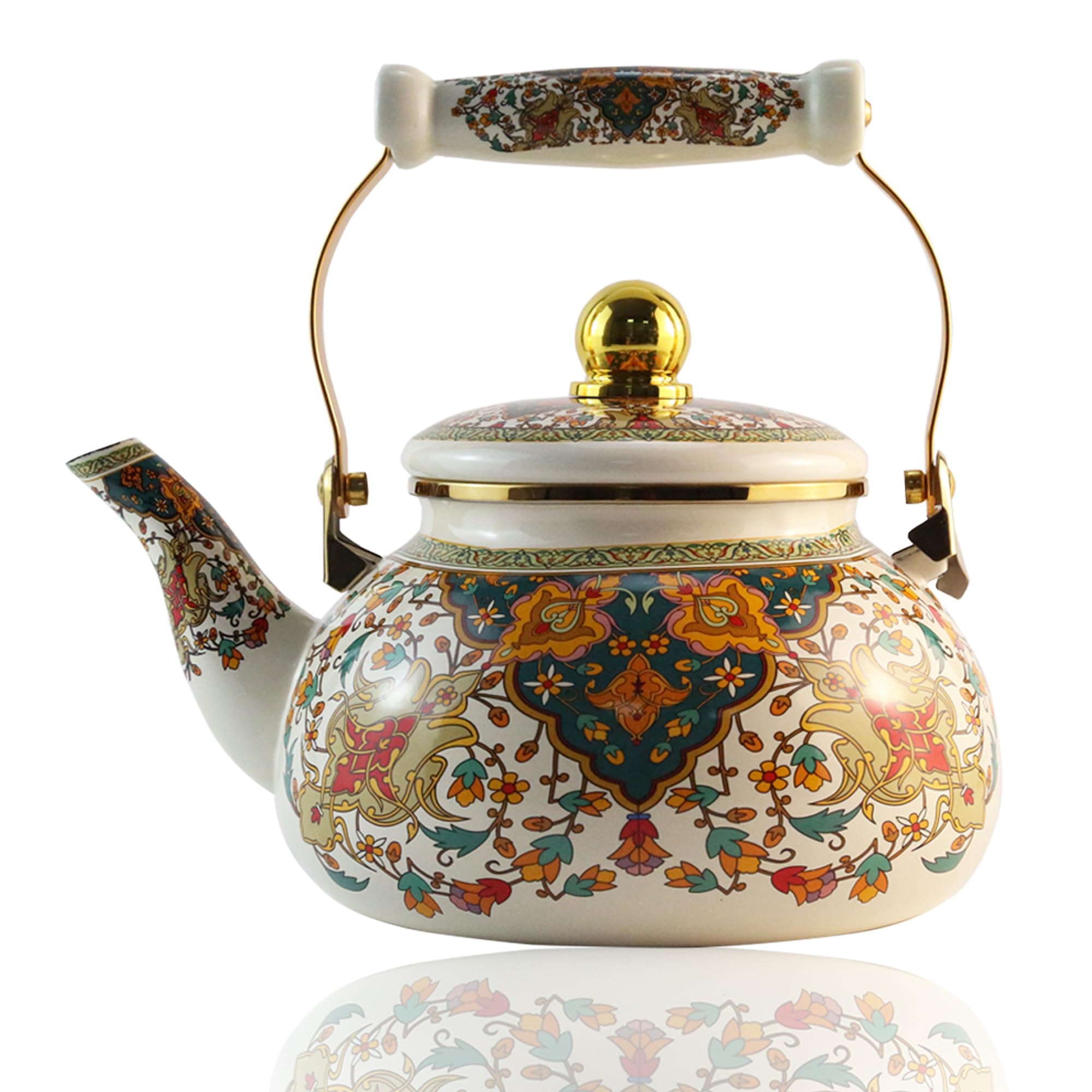 Leebright floral enamel tea kettle front view, vintage gold-beige finish for stylish tea service