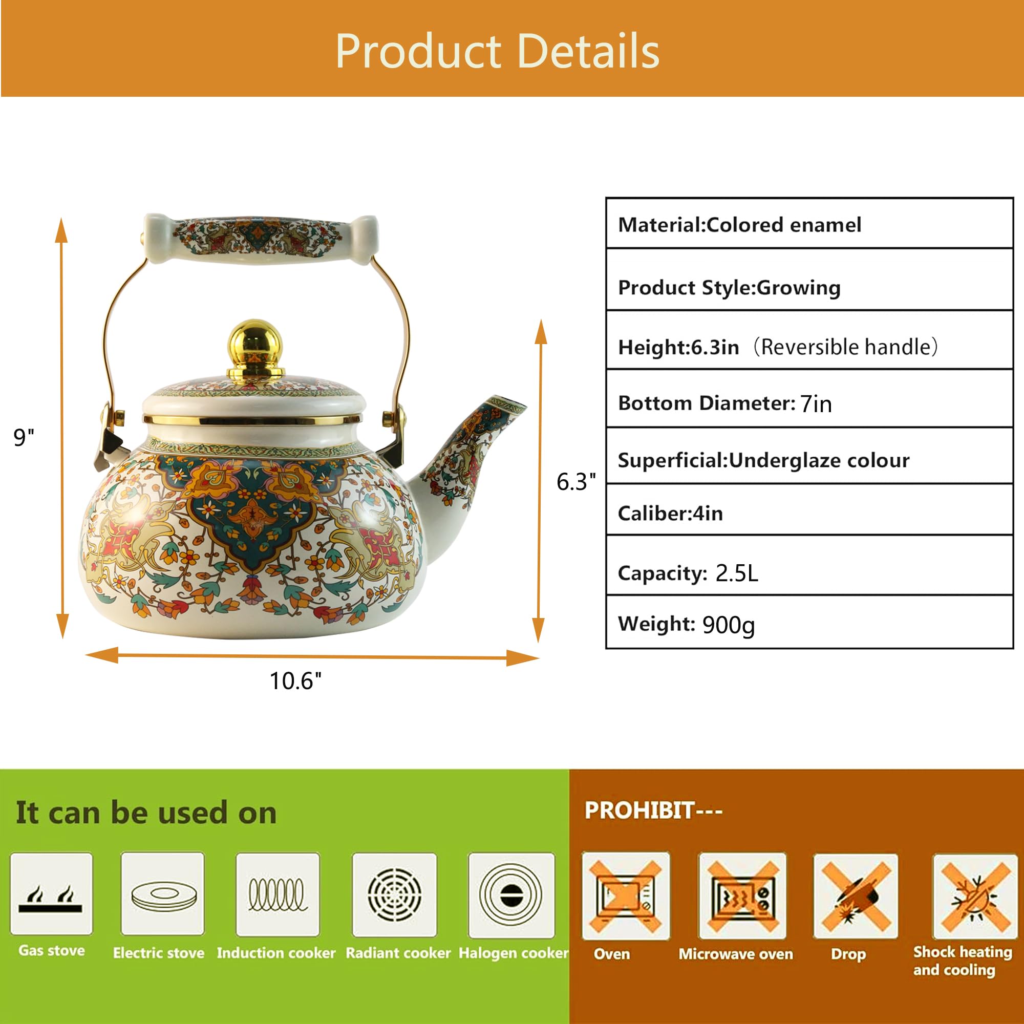 Leebright floral enamel tea kettle side view, durable enamel coating resists daily wear