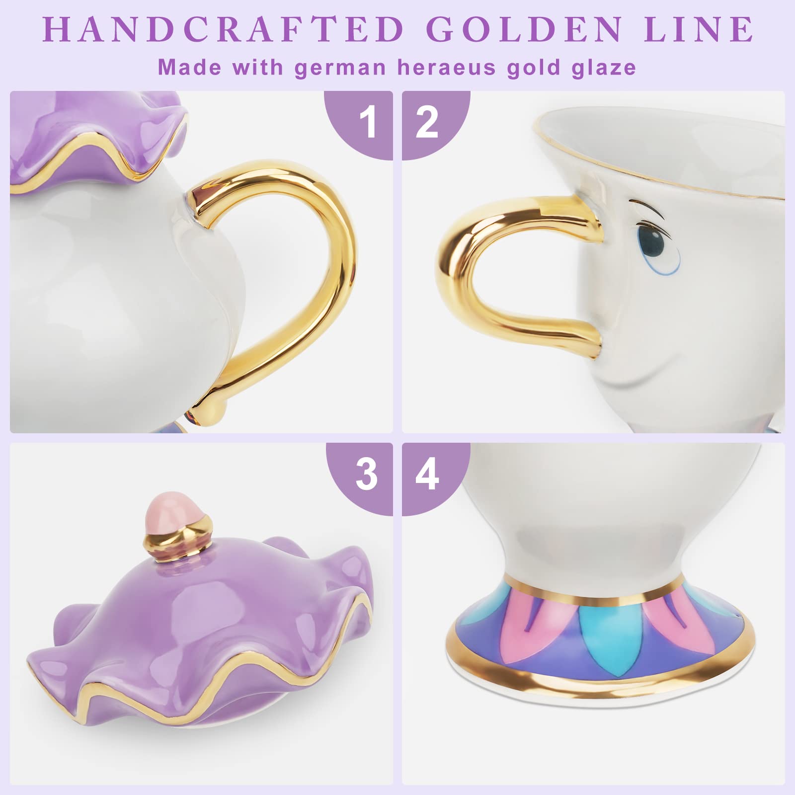 LEEEPENK Mrs Potts teapot relief design enhances decorative charm