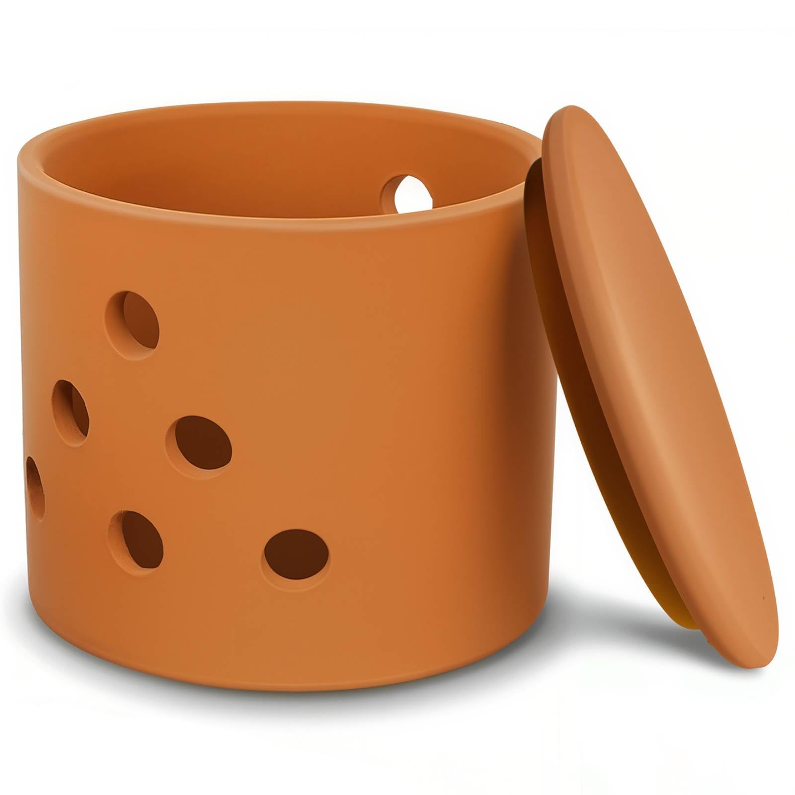 LEEPENK Terracotta Garlic Keeper front view on counter for easy garlic access.