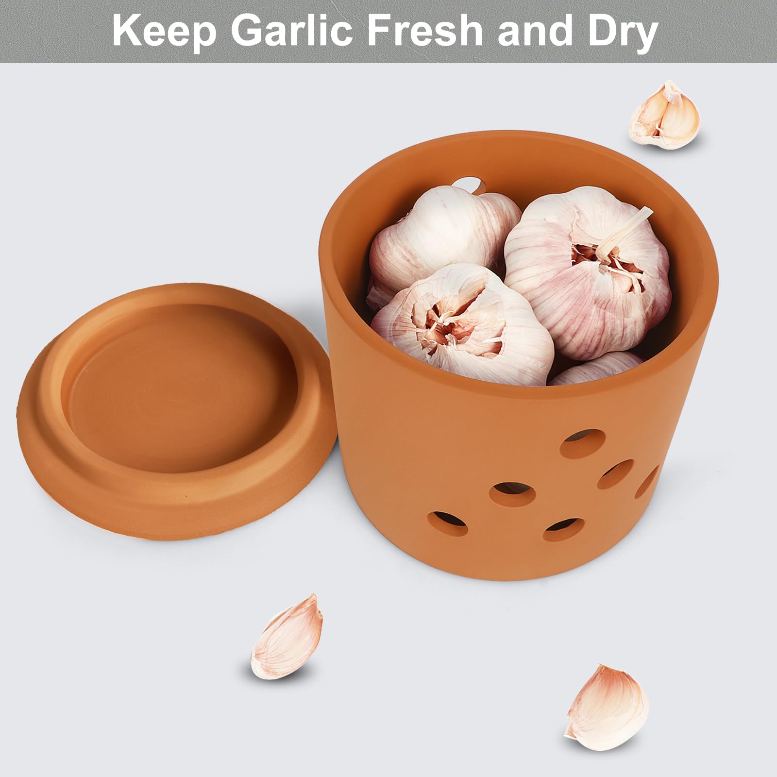 LEEPENK Terracotta Garlic Keeper on counter blends rustic charm with practical storage.