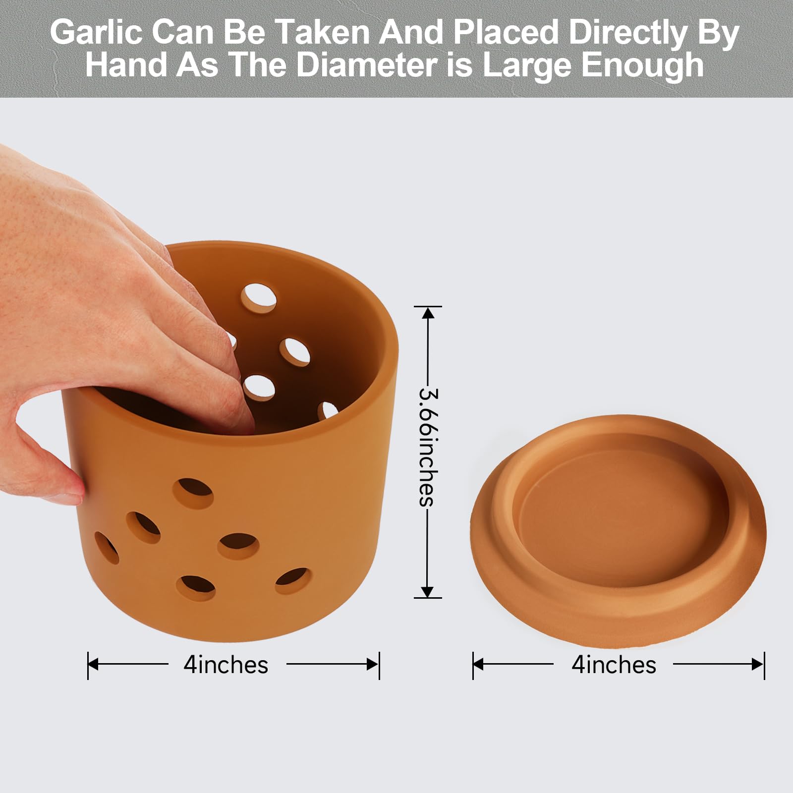 LEEPENK Terracotta Garlic Keeper with lid open shows wide opening for easy retrieval.