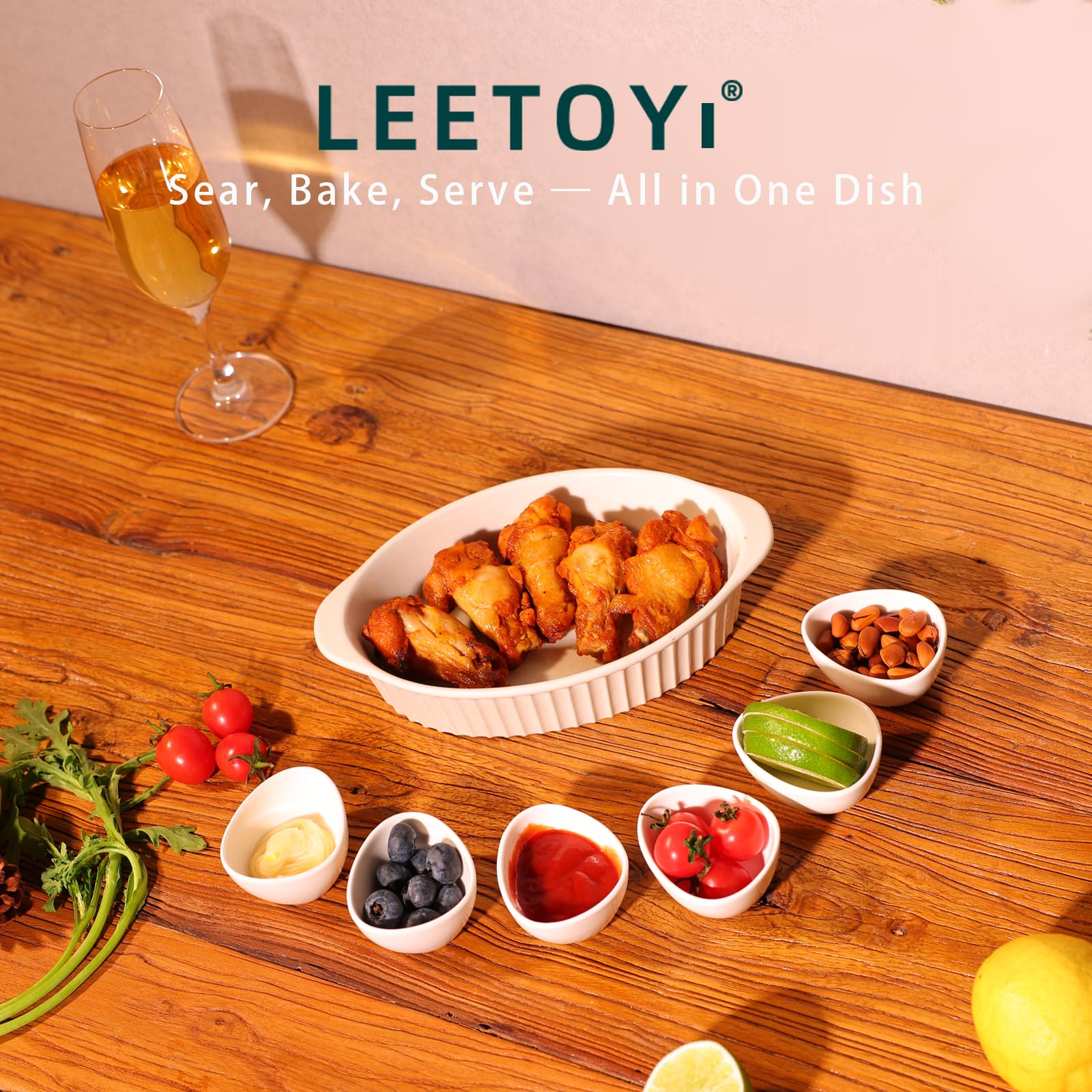 LEETOYI porcelain oval au gratin pan top view with glossy finish