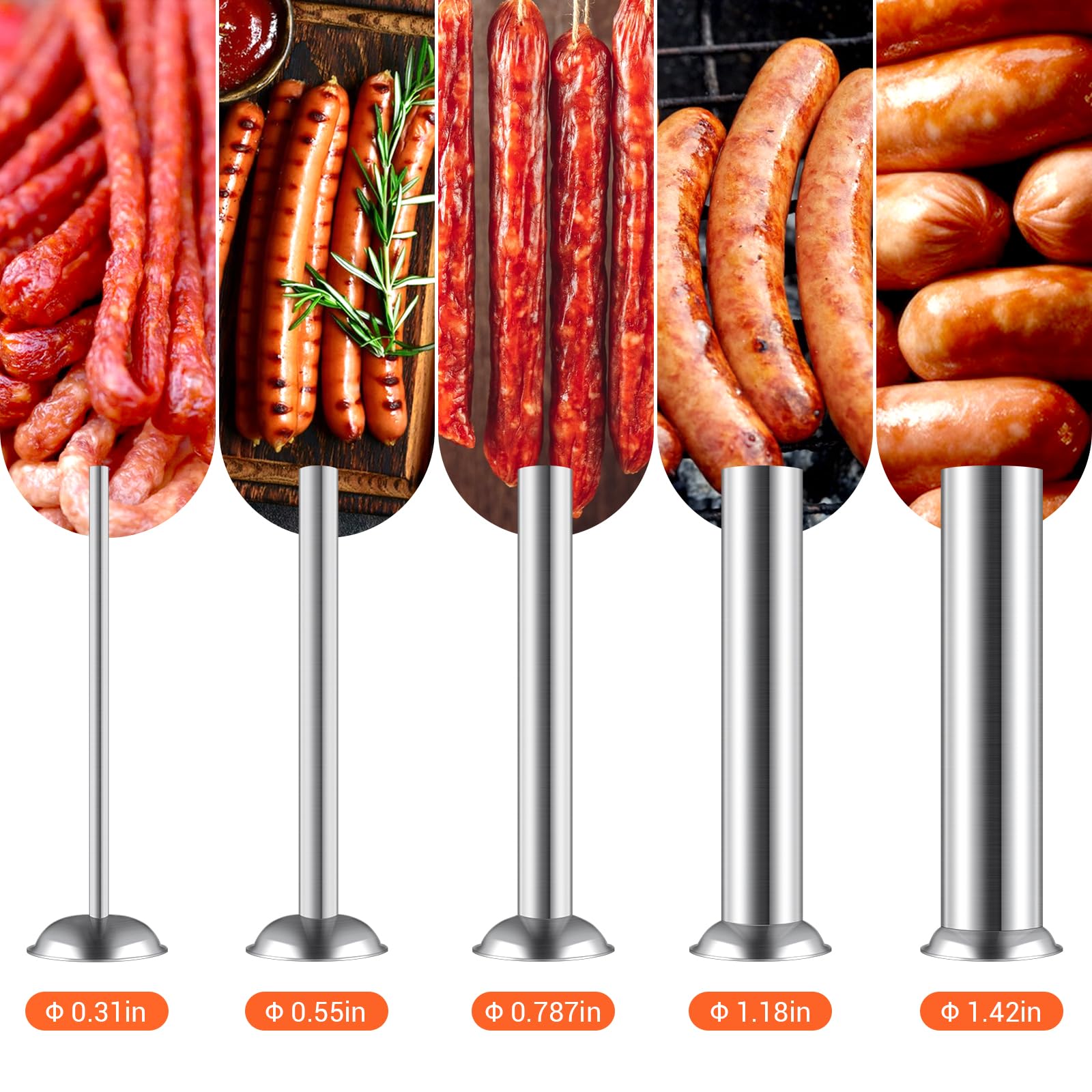 LEEVOT five-stuffing-tubes offer versatile casing sizes for breakfast links to salami.