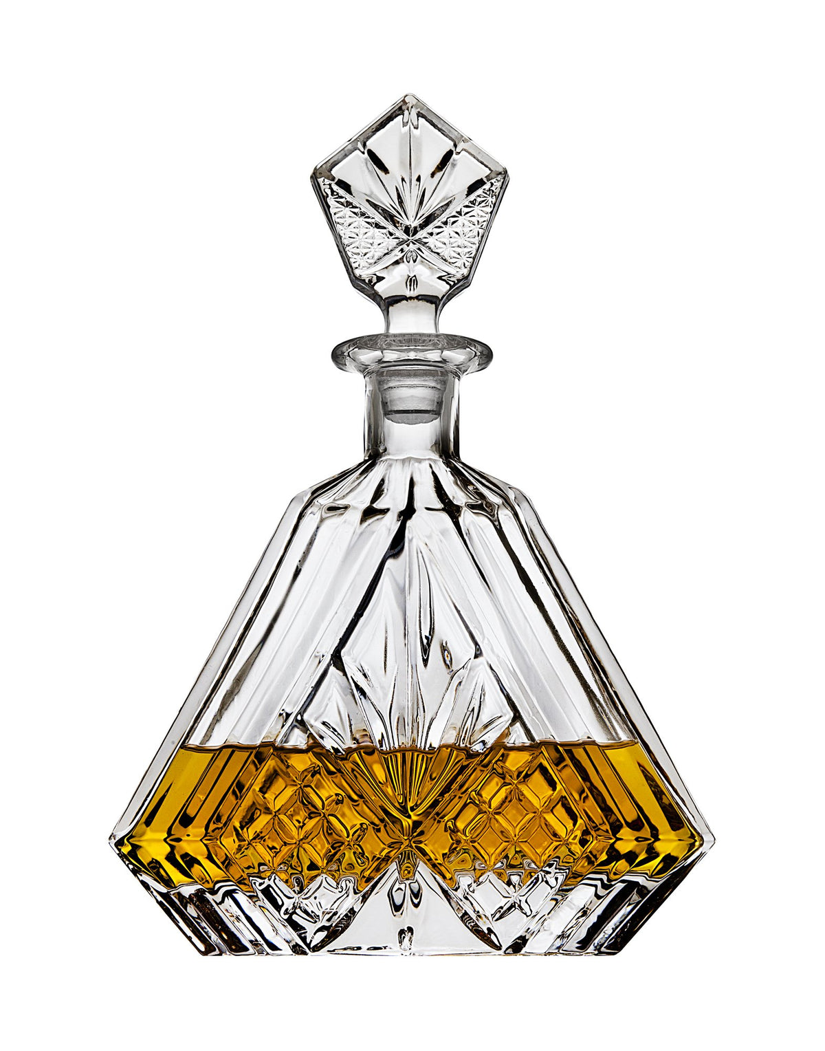 Lefonte whiskey decanter triangular-cut close-up showcases crystal clarity for tasting sessions.