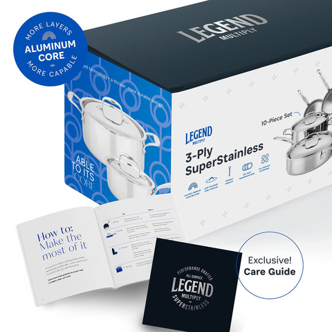 Legend Cookware riveted handles designed for safe, comfortable transfers