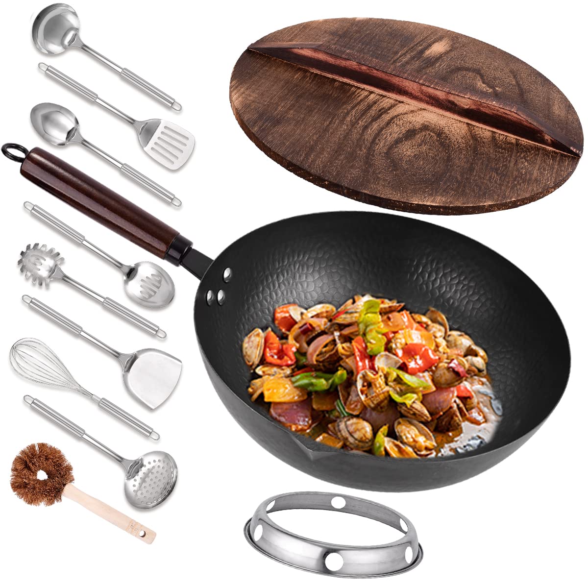 Leidawn 12.8-inch carbon steel wok with lid for even heating and versatile stir-frying.