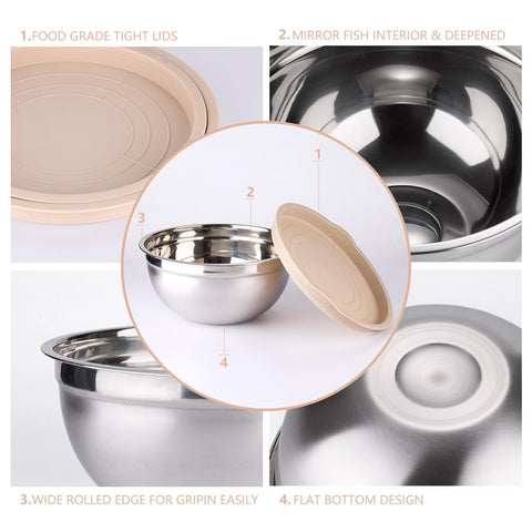 Leidawn stainless steel bowls with tight khaki lids for secure storage.