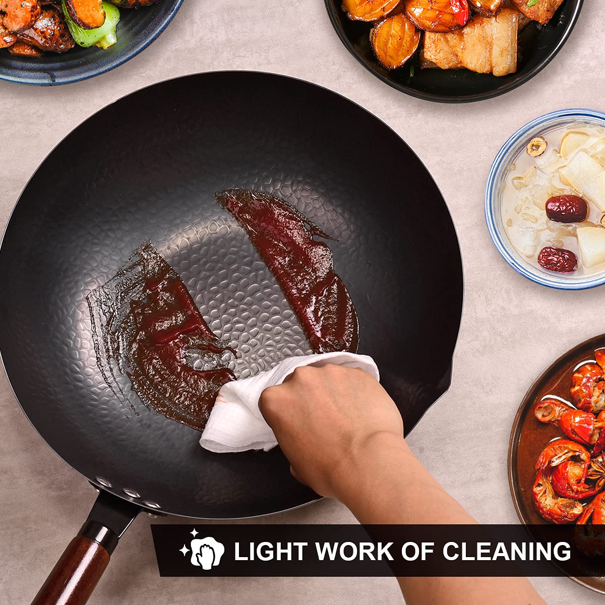 Leidawn pre-seasoned wok ready to use after simple cleaning.