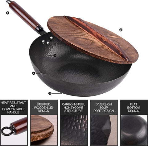 Leidawn wok lid wooden handle showing precise fit and cool-touch when cooking.