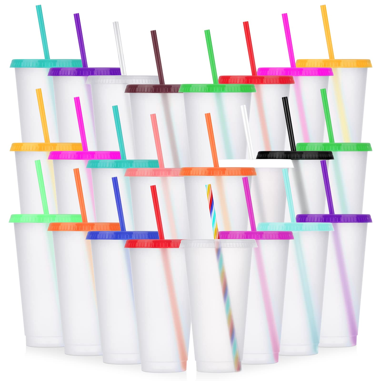 LEIFEOSH 24-pack tumblers with lids and straws in clear frosted plastic for daily beverages.