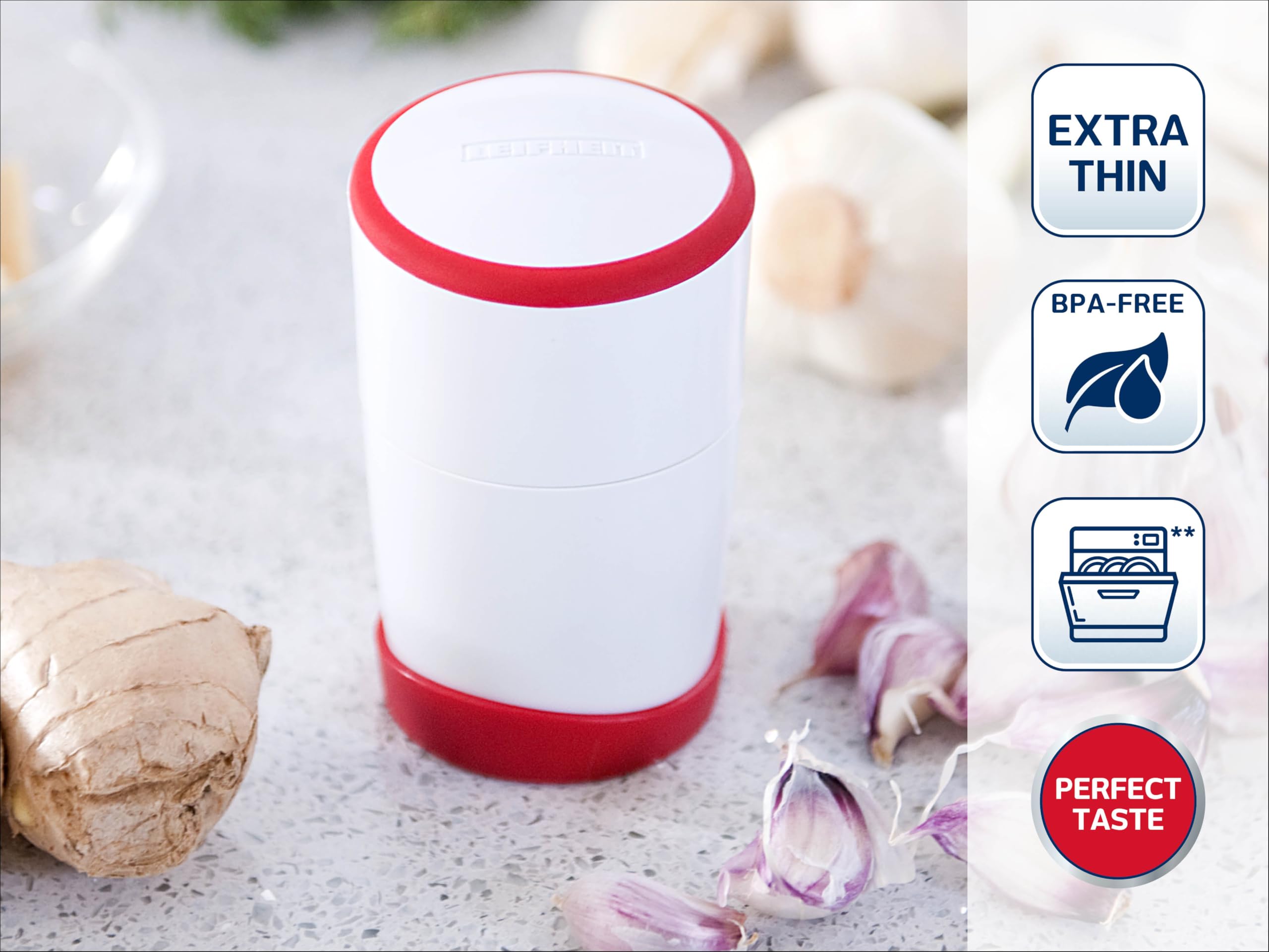 Leifheit Gourmet Garlic Slicer compact ABS body on kitchen counter for easy storage