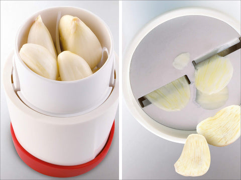 Leifheit Gourmet Garlic Slicer storage cap closed to keep ingredients fresh