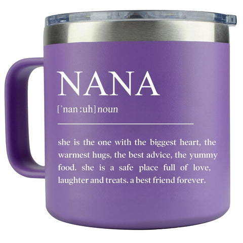 LEIOH Nana Gifts 14oz purple stainless steel tumbler with leak-proof cap for hot or cold drinks.