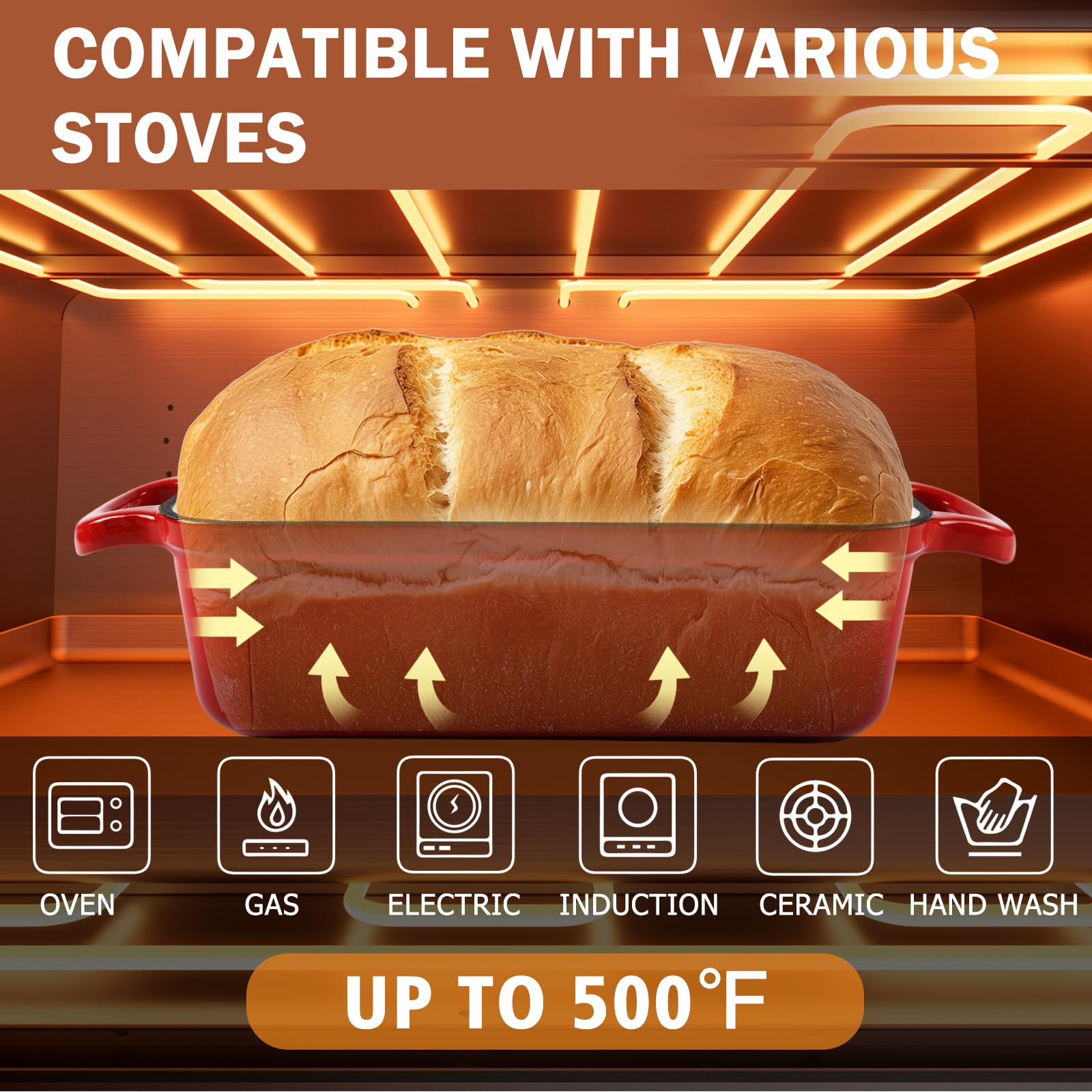 Leiroonkasst oven and induction-ready pan works on gas, electric, or induction.