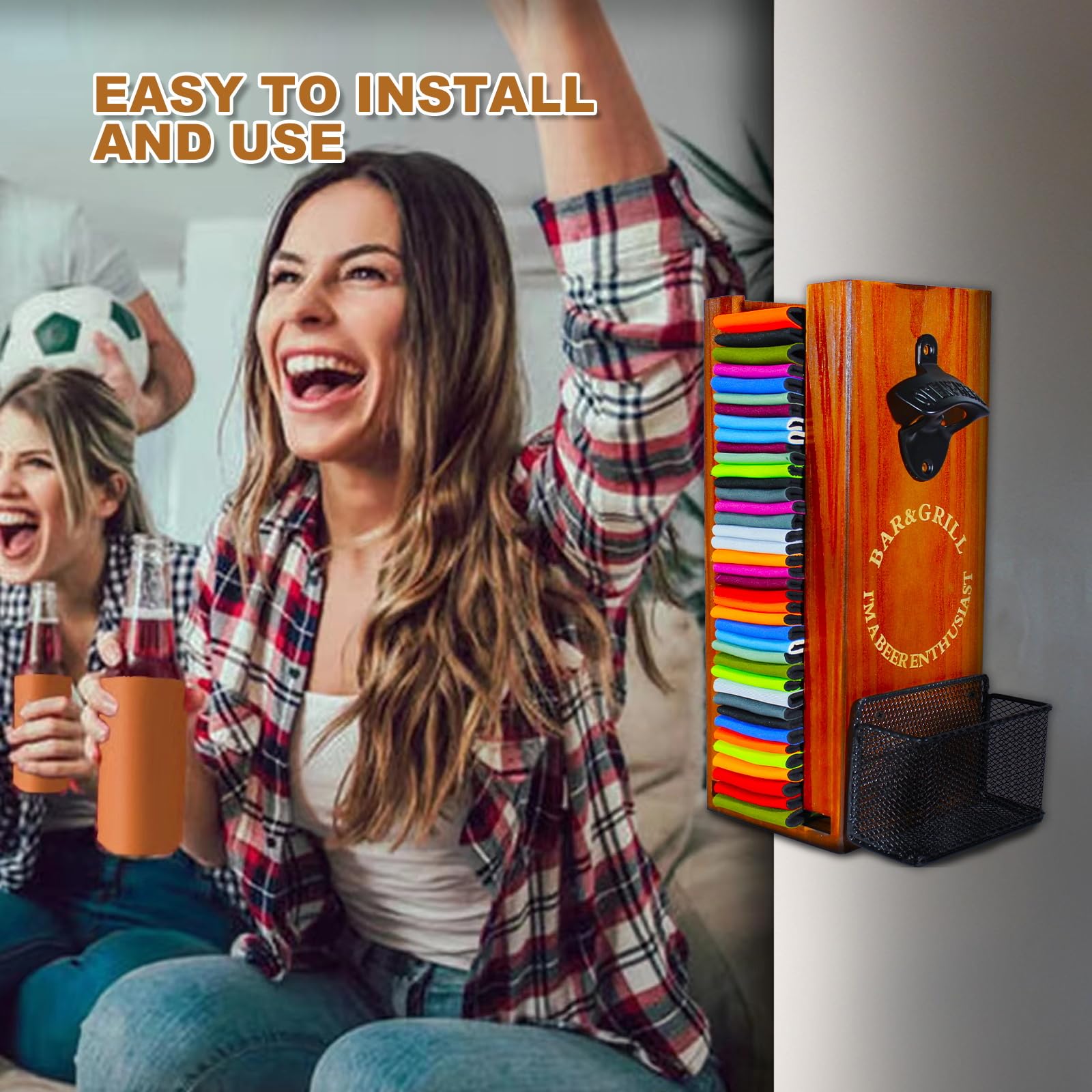 LEIRUOTM wooden beer sleeve organizer keeps cans, bottles, and sleeves neatly accessible.