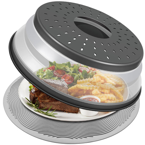 LekDrok 10 inch microwave cover in charcoal guards against splatter during reheating.