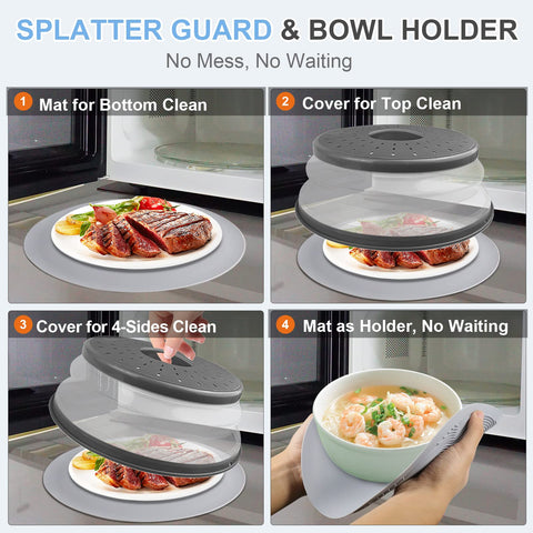 Charcoal silicone mat protects glass turntable from spills and scratches.