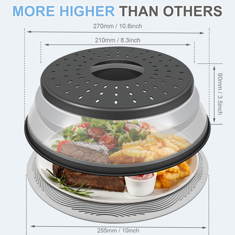 Lid height adjusts to fit most bowls and plates.