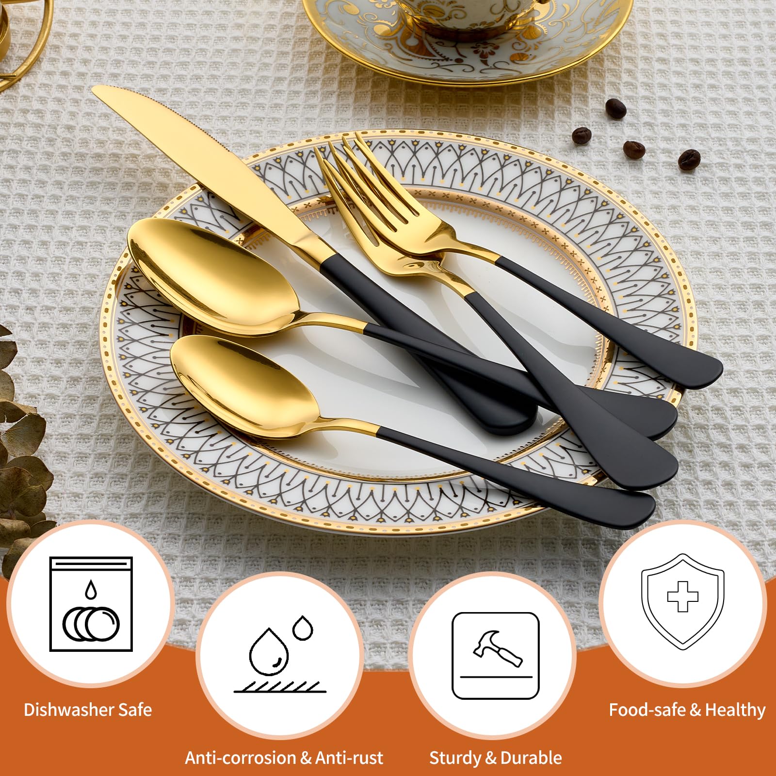 Lekoton dinner spoons in gold provide comfortable, versatile dining