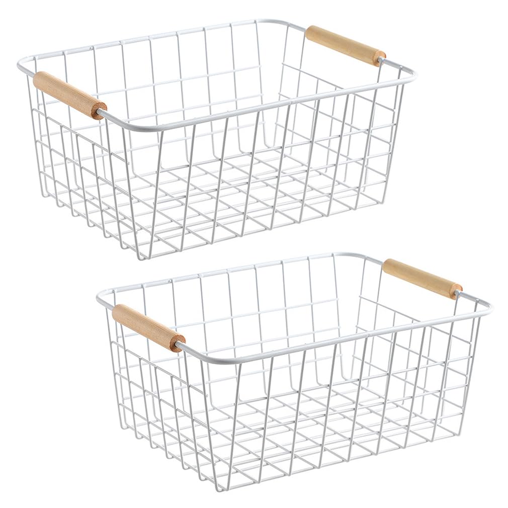 LeleCAT white wire basket with wooden handles for versatile pantry organization.