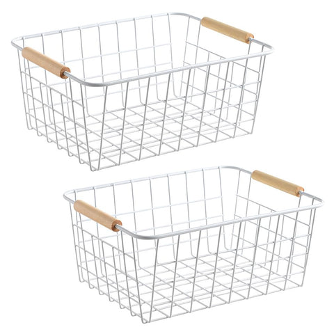 LeleCAT white wire basket with wooden handles for versatile pantry organization.
