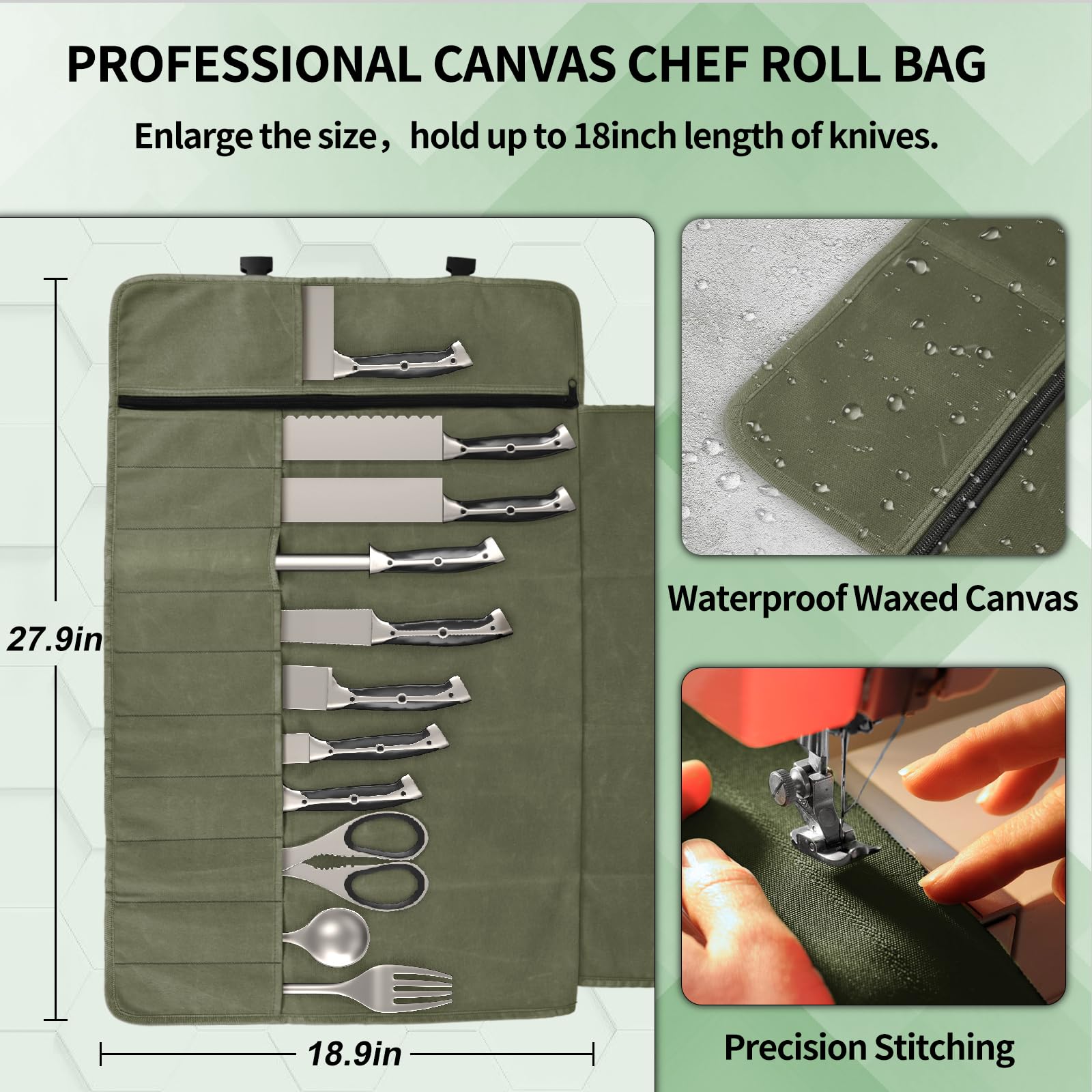 Lelezone knife roll bag showing 11 pockets for organized tool storage
