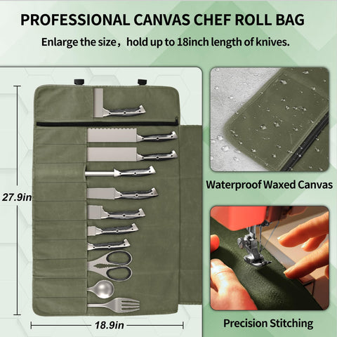 Lelezone knife roll bag showing 11 pockets for organized tool storage