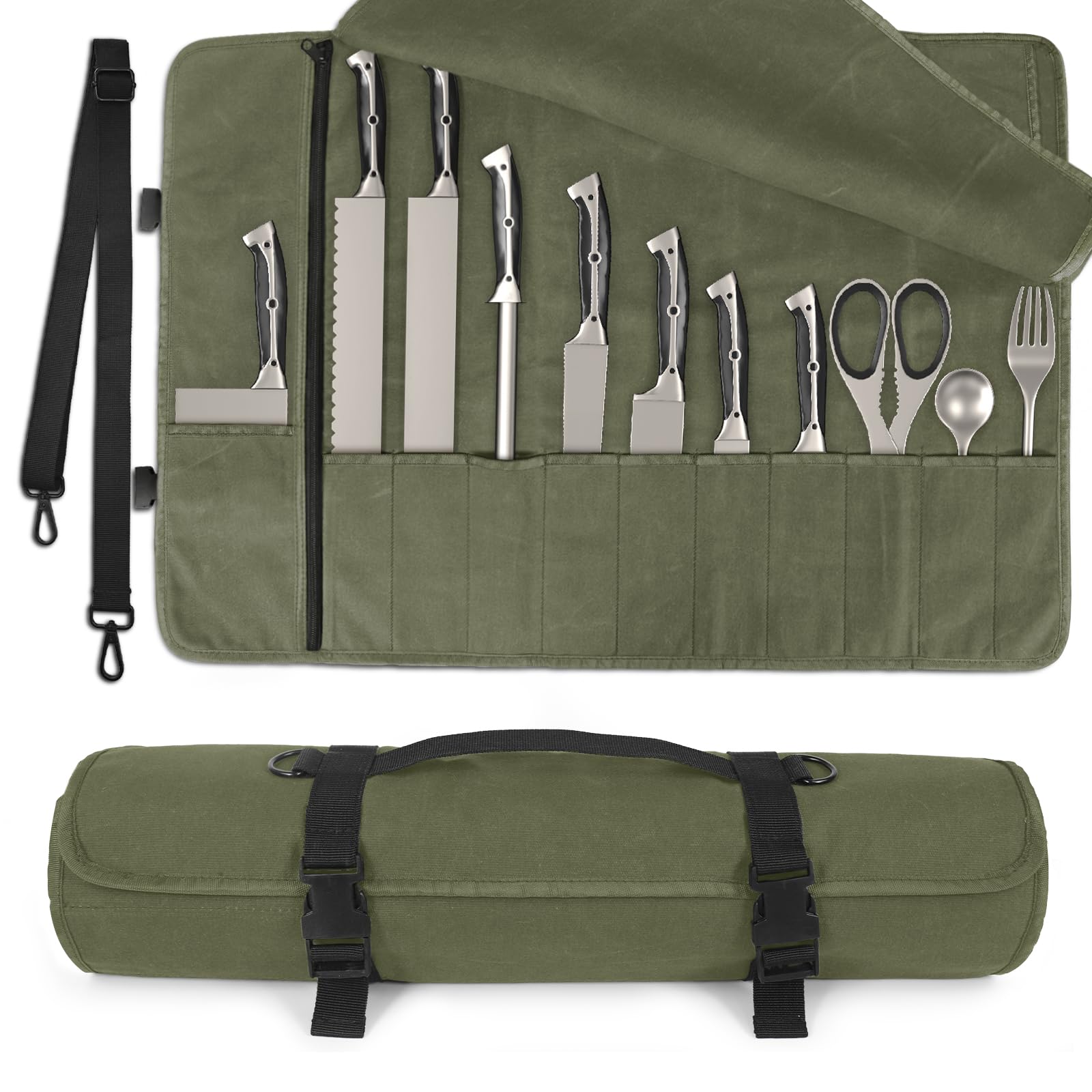 Lelezone Chef Knife Roll Bag with open compartments for quick knife access