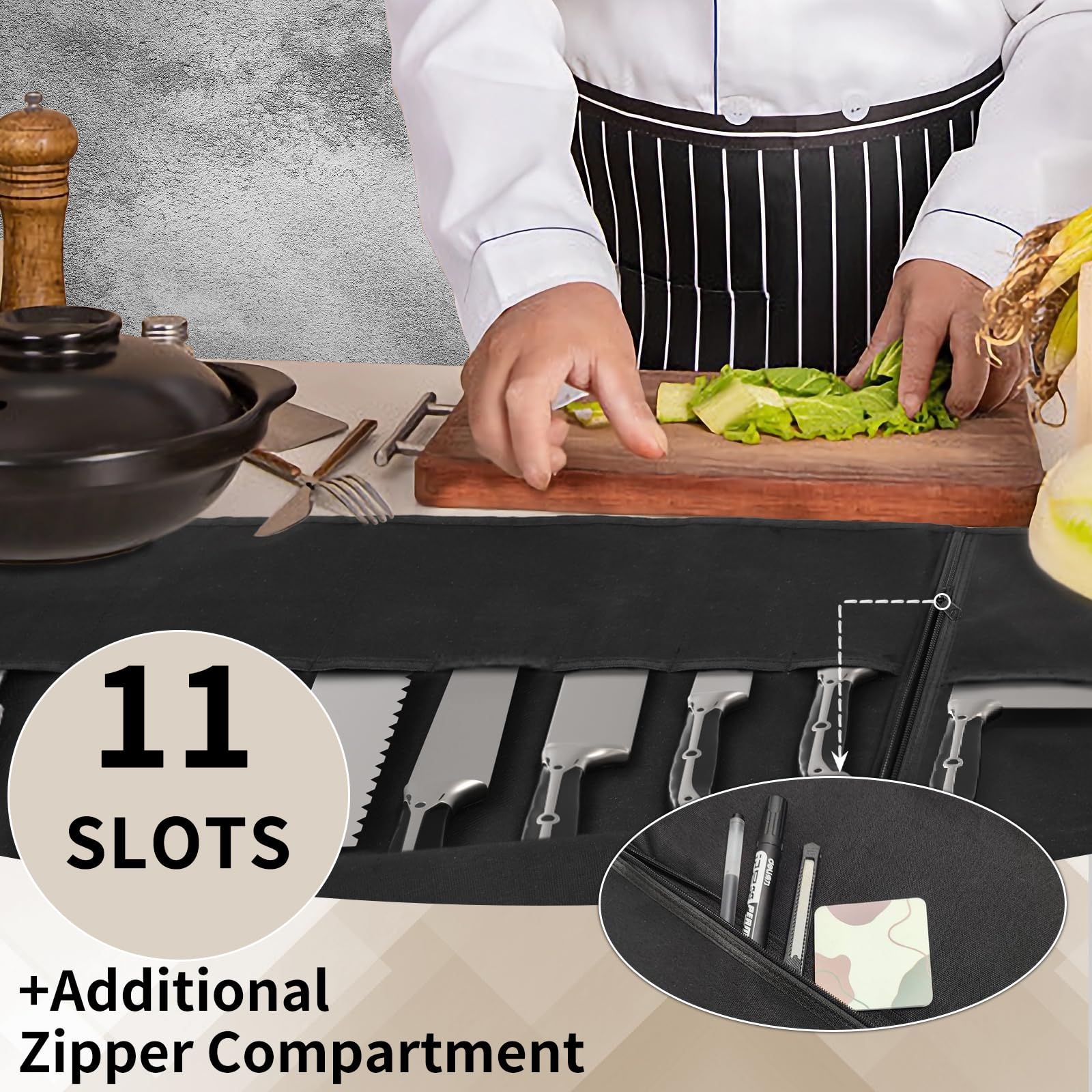 lelezone Upgraded Knife Roll Bag pocket arrangement shows 11-slot versatility for different knife sizes