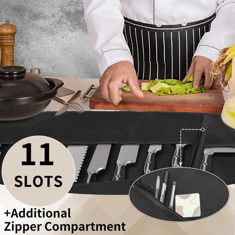 lelezone Upgraded Knife Roll Bag pocket arrangement shows 11-slot versatility for different knife sizes