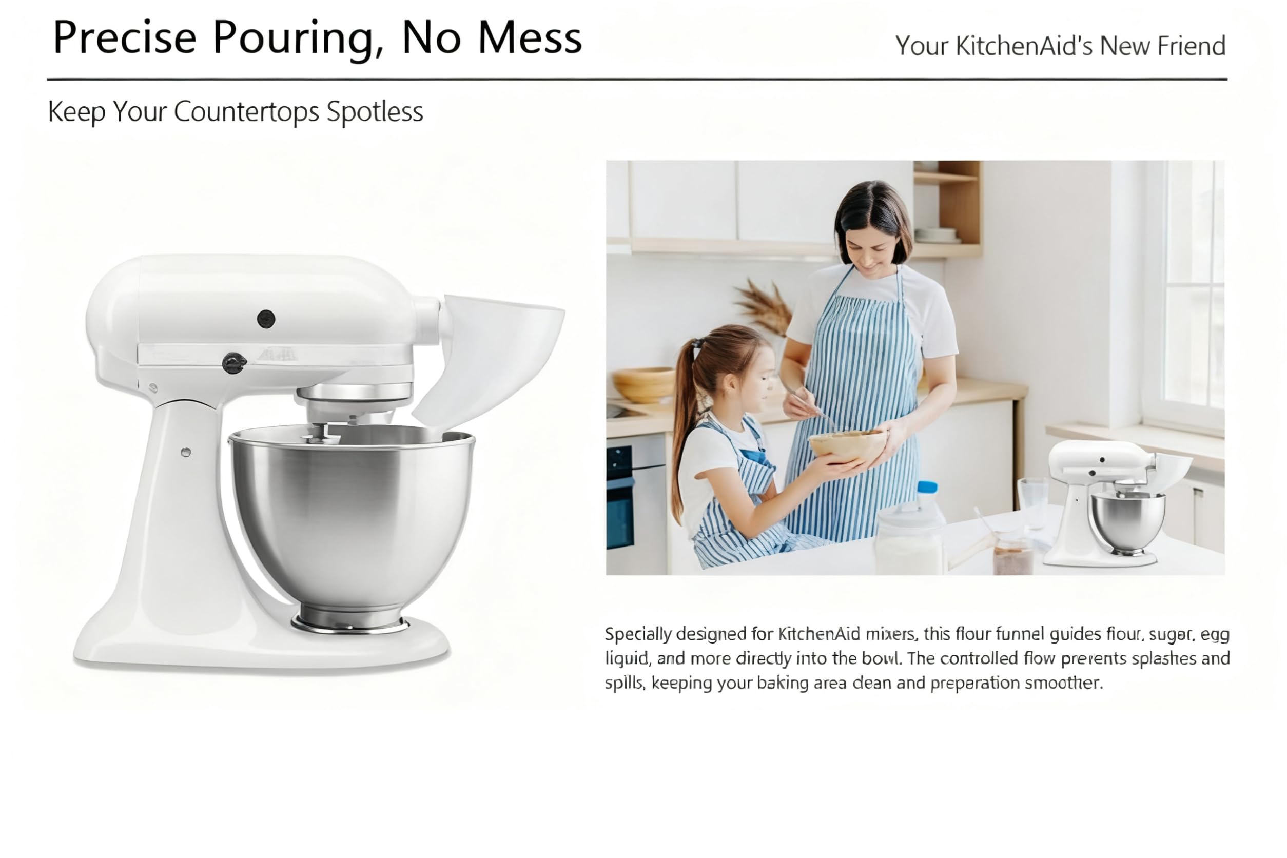LELLURE Counte flour funnel compatible with KitchenAid KSM150 for precise pours.