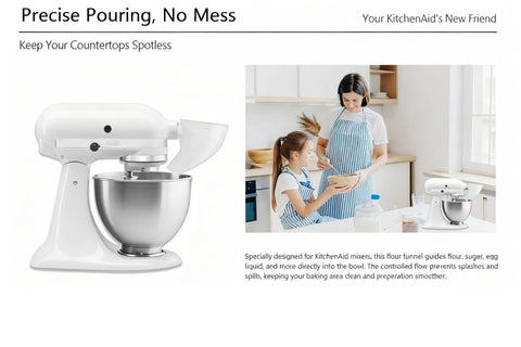 LELLURE Counte flour funnel compatible with KitchenAid KSM150 for precise pours.