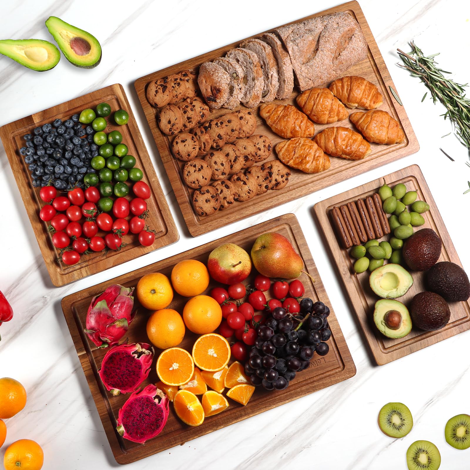 Lelwoy acacia cutting boards set4 juice groove close-up