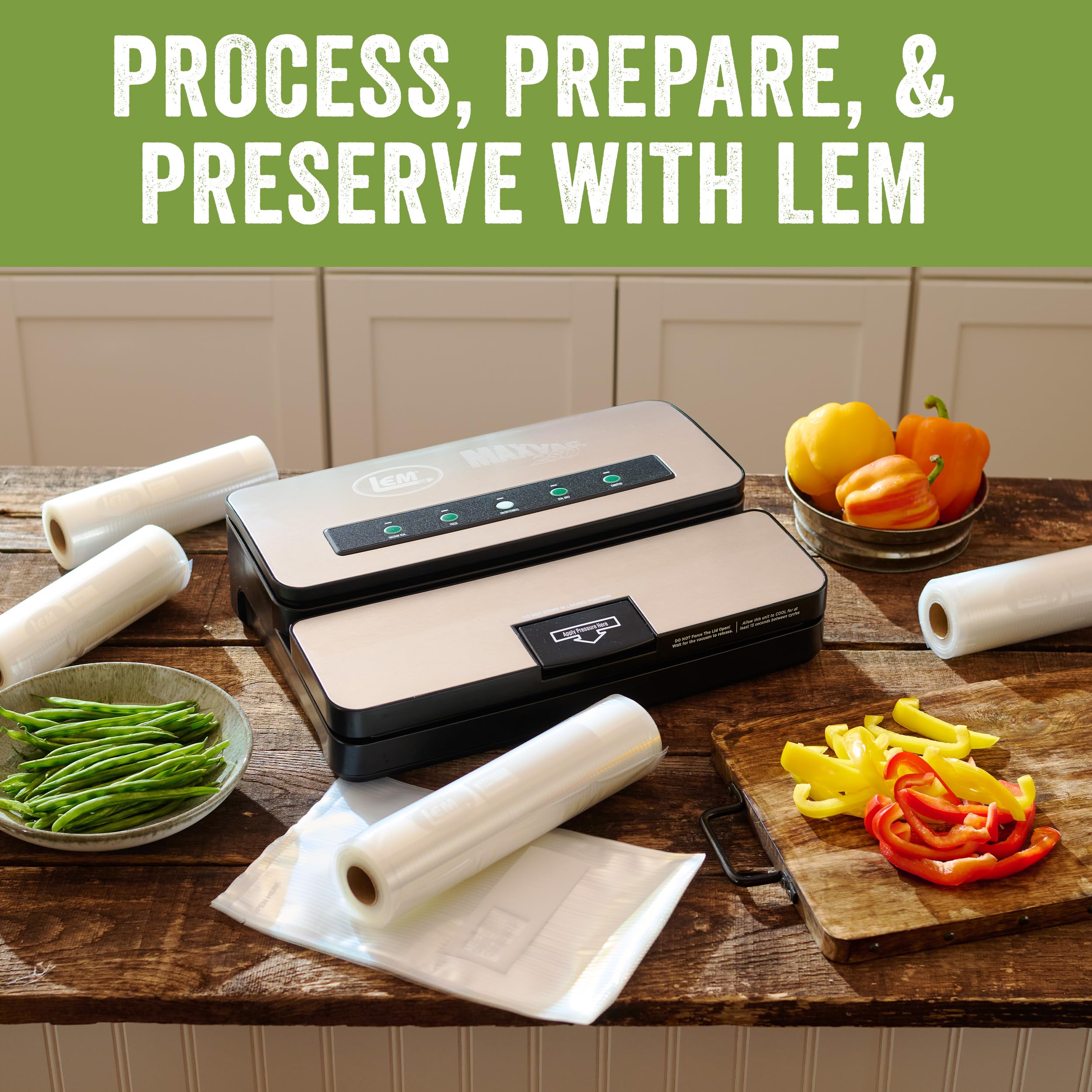 LEM MaxVac storage for meats and vegetables keeps items organized