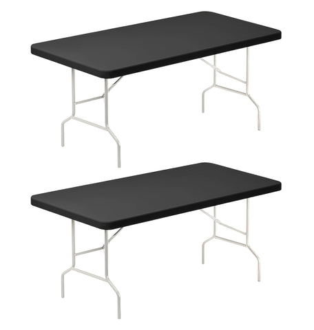 Lemict 6FT black spandex tablecloth draped over a table for a smooth, professional finish.