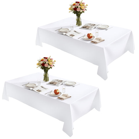 Lemict rectangle tablecloth in white provides a clean, elegant dining surface.