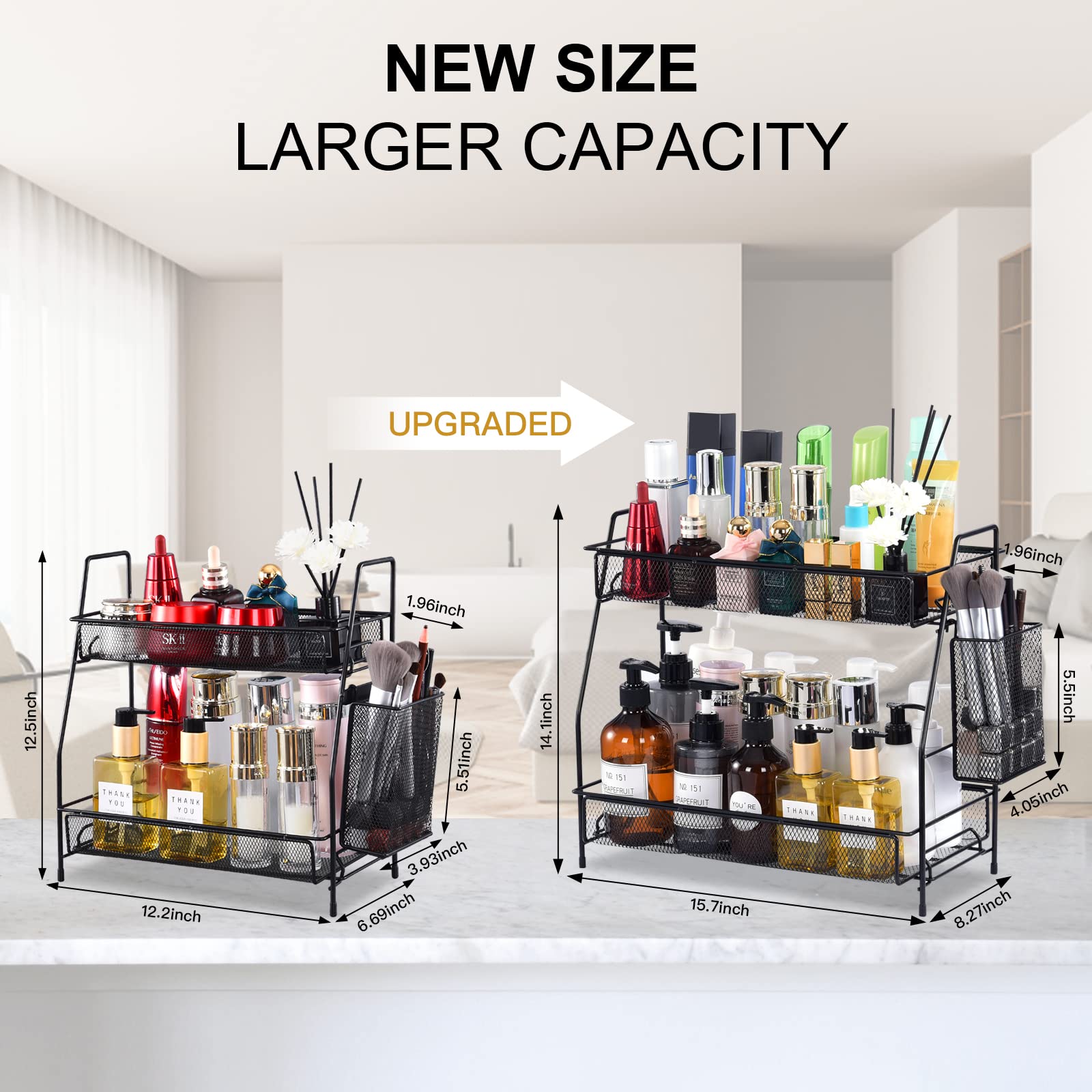 LEMIKKLE dual-layer storage rack demonstrating guardrails to prevent items from falling.