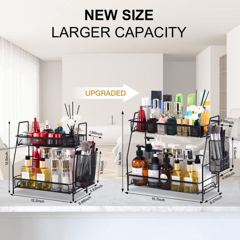 LEMIKKLE dual-layer storage rack demonstrating guardrails to prevent items from falling.