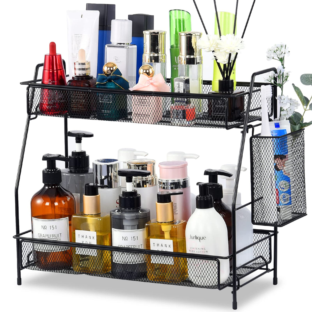 LEMIKKLE large countertop organizer on bathroom counter with dual tiers for easy access.